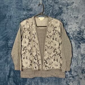 Vintage 90s Nino Wong Made In USA Floral Gray‎ Knitted Cardigan Sweater Womans S
